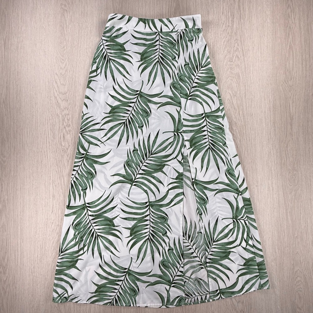 Maxi Skirt Unbranded Womens Small White Green Tropical Palm Leaf Slit Summer
